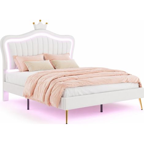 Kinderbett 140×200 cm, Doppelbett mit Verstellbarem LED und Verstellbarem Kopfteil, ohne Matratze, Weiß (1/4)