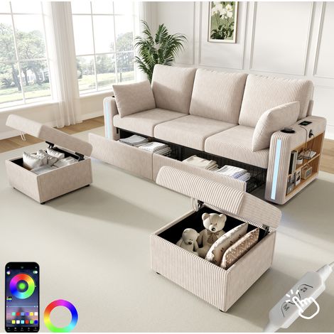 Canapé modulaire U/L 190x130 cm avec LED, USB/Type-C, rangement et 2 poufs, velours côtelé beige (1/5)
