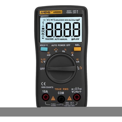 Multimètre AN8002 6000 pts True RMS – AC/DC, T°, résistance, capacité, fréquence, diode, portable. (1/5)