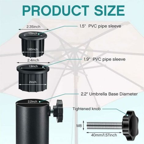 Lot de 2 Pièces de rechange pied de parasol, Vis et bouton de serrage, Noir, Poteaux 2,17 pouces, Parasols standards (1/4)