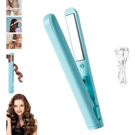 Mini fer à friser/lisser 2 en 1 - Étui de voyage portable double fonction, format compact, nouvelle interface USB, branchez et utilisez, convient à tous les types et longueurs de cheveux, bleuyu (1/5)
