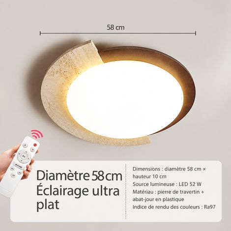 Plafonnier LED travertin et bois wabi-sabi, diamètre 58 cm variation continue, IRC 80-90, 3 kg, salon chambre – Livraison gratuite