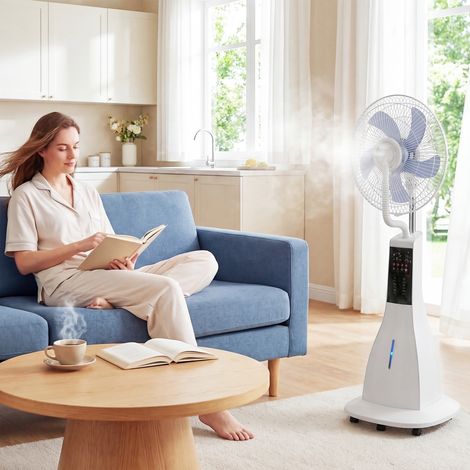 Ventilateur nébuliseur 90W oscillation 75° 3 vitesses 5 pales réservoir eau 3L 5 roues télécommande