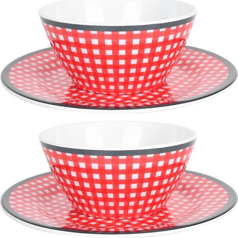 AB06010+BT009 Service de table 4 pièces, assiette, bol et saladier en porcelaine imitation quadrillage rouge (1/5)