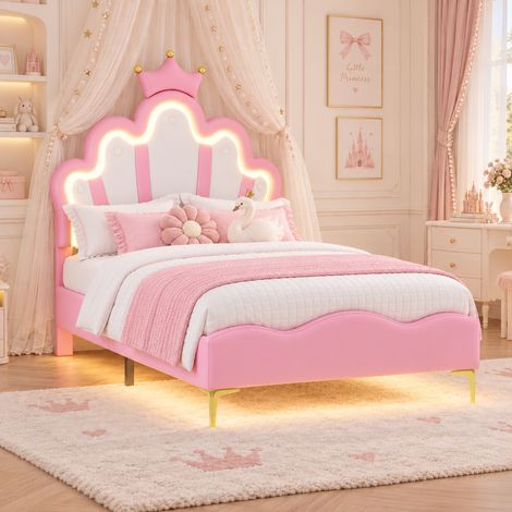Cama infantil 90x190 cm cama de princesa con luces LED RGB, Cabecero ajustable diseño nube corona, Somier de láminas, polipiel PU, Rosa (1/5)