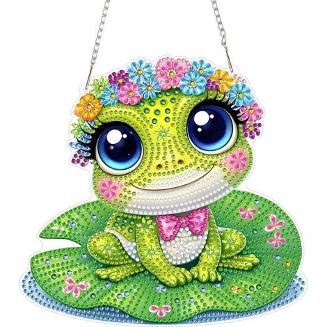 Diamond Painting Anhänger Frosch mit Blumenkranz, DIY Kristall Kunst Set mit Kette