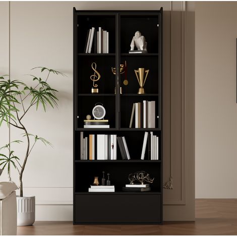 Vitrine 80x34x180 cm avec LED, 1 tiroir et portes en verre, meuble de rangement de salon en MDF noir (1/5)
