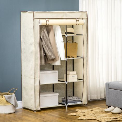 Garde-robe en tissu blanc crème avec 1 tringle et 6 étagères, 103x43x162,5 cm (1/5)