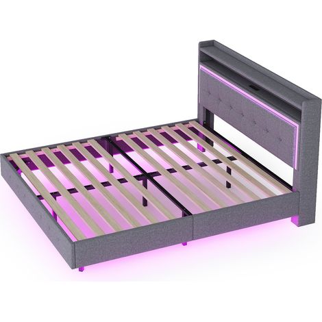 Lit rembourré en tissu effet lin gris 140x200 cm avec prise USB et LED, sommier à lattes inclus (1/5)