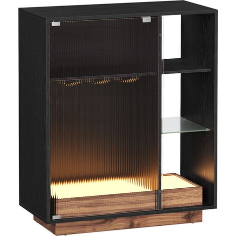 Vasagle – Meuble bar à vin noir boisé avec éclairage LED – Rangement pour bouteilles et verres – Porte en verre cannelé – Dimensions 42x88x105 cm (1/5)