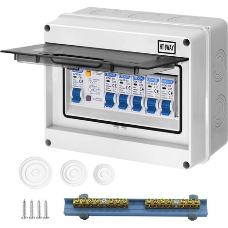 Boîte Coffret Electrique Etanche,Boîtier de Distribution avec Rangée de Cuivre,Disjoncteurs électriques 63A CA,Sectionneur 2x10A+16A+20A+32A CA pour Maison/Bureau,Montage sur Rail 35mm (1/5)