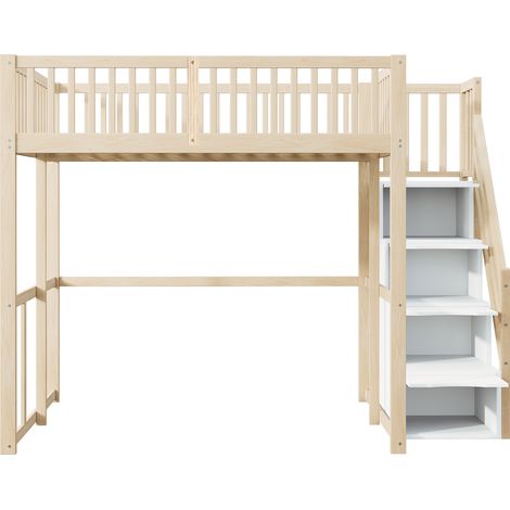 Hochbett 140 x 200 cm aus Kiefer mit Stauraumtreppe und Sicherheitsgeländer (1/5)