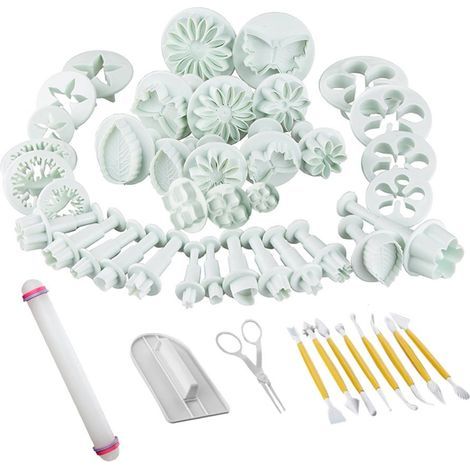Emporte-Pièces, 47 Kit de Moule de Décoration Bricolage, Moules à Forme Spécifique Motif Fleur, Cœur, Papillon, Étoile, Moules à Ptisserie pour Décoration Pâte à Sucre, Gâteau, Biscuit, Blanc (1/5)
