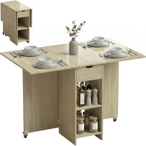 Table à manger pliable pour 2 à 4 personnes avec rangement, table roulante idéale pour petits espaces en finition naturelle (1/5)