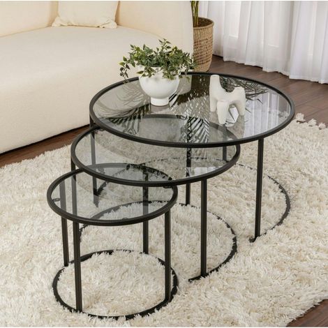 Table gigogne verre fumé - cadre noir (lot de 3) ⌀80 cm TULUM (1/5)