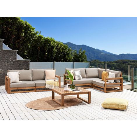 Conjunto de jardín 4 plazas de madera de acacia certificada clara con cojines Timor II (1/5)