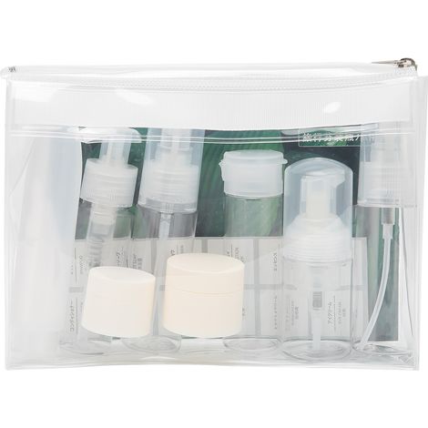 Set mit 8 auslaufsicheren Reiseflaschen aus Kunststoff für Kosmetik und Toilettenartikel (1/5)