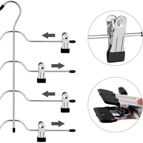 (lot de 3, argent et noir) Cintre en métal, longueur 32 cm, 4 niveaux, 8 clips antidérapants amovibles, convient pour jupes, jeans, serviettes, shor (1/3)