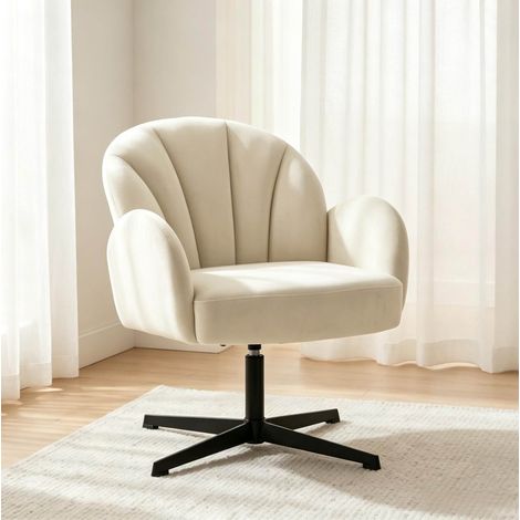 Poltrona girevole 360° in velluto beige e nero, schienale a conchiglia, 64,5 x 68 x 80 cm DESVIAE (1/5)
