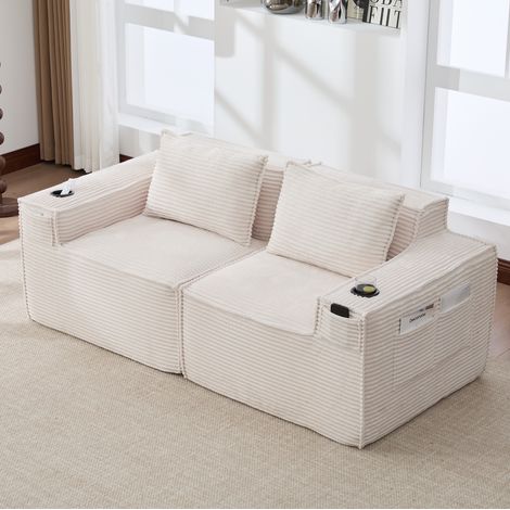 Divano modulare 2 posti in velluto a coste con portabicchieri e tasche laterali, beige HAVRYA (1/5)