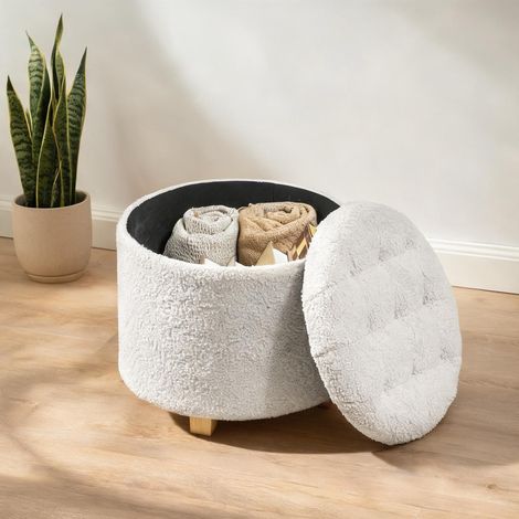Pouf blanc en tissu bouclette 100 polyester 45 x 45 x 41 cm (1/5)