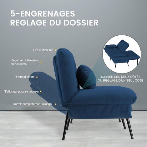 Comhoma – Canapé convertible 3 places en velours de coton – Dossier réglable 5 niveaux – Dimensions 174x55x72 cm – Pieds métalliques pour stabilité – Bleu