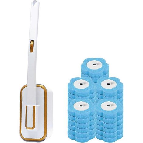 Système de brosse de toilette jetable avec support et 30 têtes de rechange, kit de brosse de toilette facile à utiliser, pour salle de bain, camping-car, baignoire (1/5)