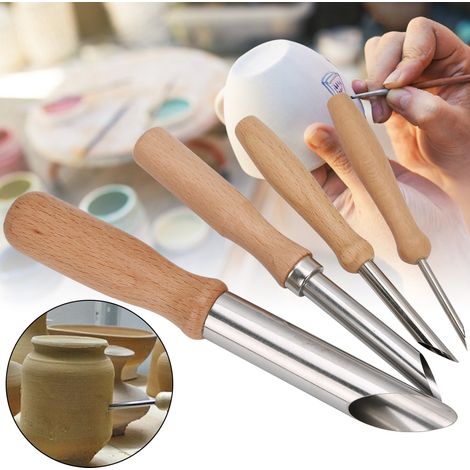 Ensemble de 4 Poinçons en Céramique avec Manche en Bois Rond - Outils de Sculpture Fait Main (1/5)