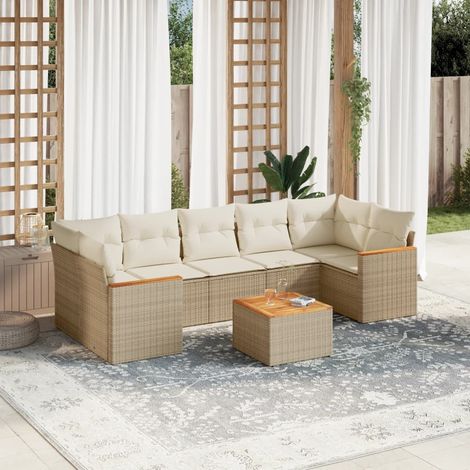 Ensemble Salon Jardin 8 Places Résine Tressée Beige avec Coussins - Table Acacia et Structure Acier (1/5)