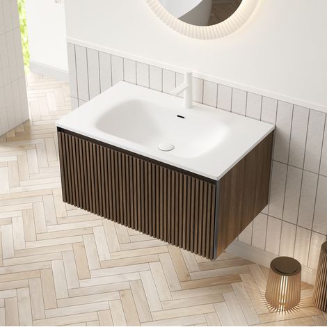 Mueble de baño suspendido 80 cm con lavabo integrado de resina y cajón, roble marrón OKMYHOME (1/5)