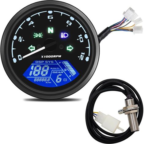 Compteur de vitesse numérique moto – Tachymètre 12 000 tr/min – Affichage LED bleu – Universel pour motos 1, 2 et 4 cylindres