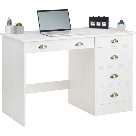 Idimex – Bureau droit LANA blanc – Dimensions 76x114x54 cm – 5 tiroirs dont 1 central – Structure en pin massif – Style maison de campagne (1/4)
