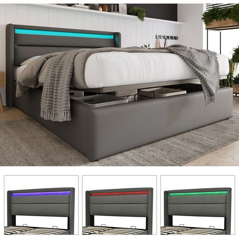 Lit coffre double avec barre d'éclairage LED, Lit double Cadre de lit Lit capitonné 140x200cm, Lit fonctionnel, Gris (Avec télécommande) (1/5)