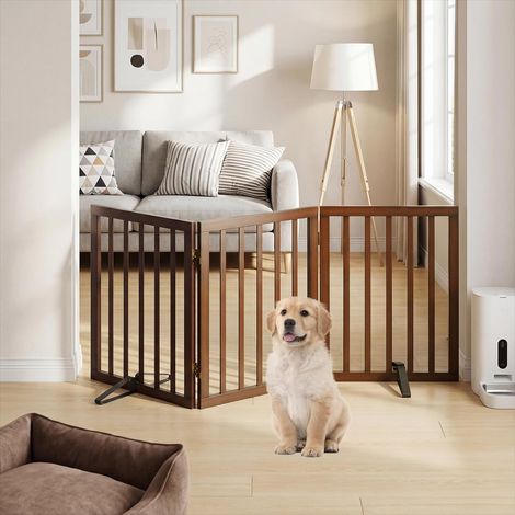 Barrière autoportante en bambou pour portes, portail d'intérieur à 3 panneaux pour chiot avec 2 supports métalliques, barrière pliable pour escaliers jusqu'à 140 cm de large (1/5)