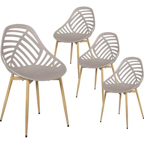 Altobuy – Lot de 4 chaises de jardin en plastique ajouré taupe – Pieds en métal imitation bois – Dimensions 52,3 x 53,3 x H83,4 cm (1/5)