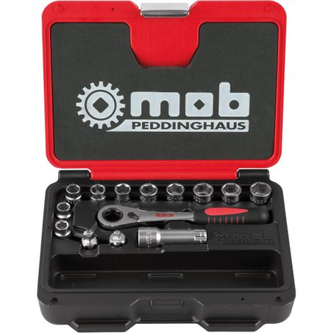Mob Outillage – Coffret cliquet et douilles traversantes 14 pièces – Angle de reprise 5° – 10 douilles 10 à 19 mm – Polyéthylène haute densité