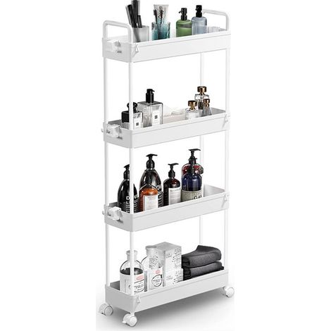 Chariot de rangement fin, chariot de rangement roulant pour salle de bain à 4 niveaux, chariot d'organisation mobile pour bureau, salle de bain, cuisine et buanderie, espaces restreints, blanc (1/3)