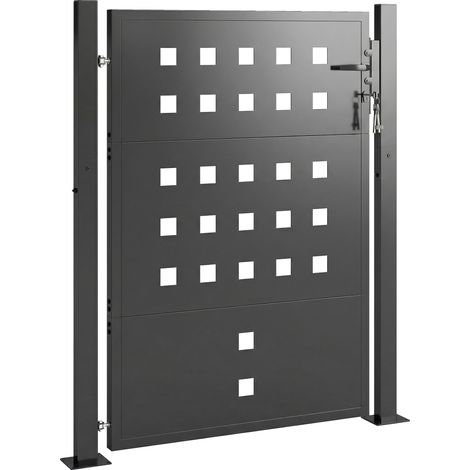 Portail de jardin en acier galvanisé 105 x 130 cm, portillon métallique avec poignée, serrure à 3 clés, clôture extérieure verrouillable, gris foncé (1/5)