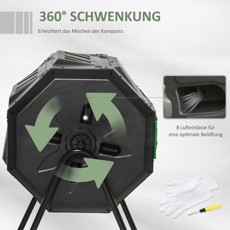 Composteur rotatif double cuve, 160 L de capacité, 71 x 65 x 96 cm, vert et noir (1/5)
