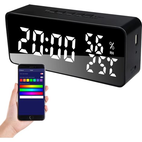 Wecker fürs Schlafzimmer, 5 Alarme, LED-Anzeige, Spiegel, Schlummerfunktion, Countdown-Timer, Datum, Temperatur, Luftfeuchtigkeit, einstellbare Helligkeit und Lautstärke.