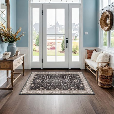 Tapis d'intérieur lavable style bohème noir 90120cm, couleur gris anthracite, motif floral, antidérapant (convient pour porche, cuisine, salle de bain) (1/5)