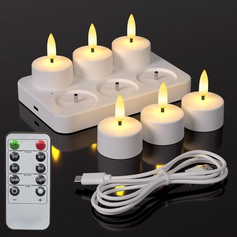 Lot de 6 bougies chauffe plat LED sans flamme avec station de charge, avec télécommande et minuterie pour mariages, Noël, Halloween, anniversaires, décoration de la maison (1/5)