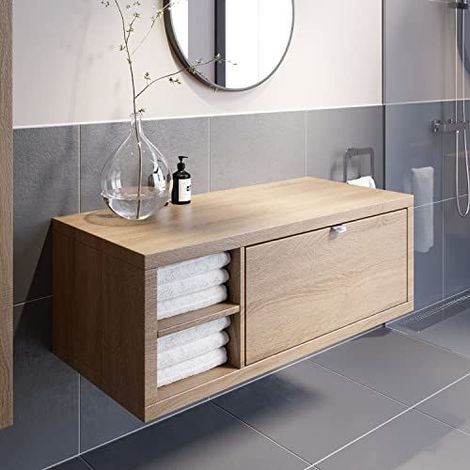 Bathroom Oak Wall Hung Vanity Unit Cabinet Storage Unit 1100mm Shelving Unit (1/5)