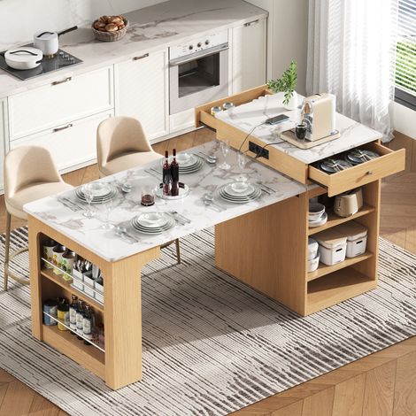 Tavolo bar allungabile con prese di corrente, vano portaoggetti e rotelle 80x71-111-151x92 cm MDF vetro naturale (1/5)