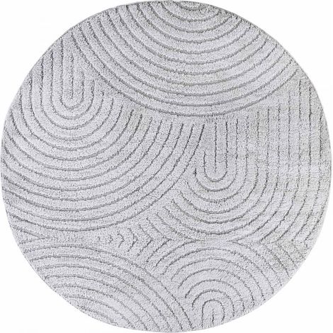 Tapis rond 200 x 200-rond cm, motif géométrique, gris, blanc, forme rond, structure relief, entretien aspirateur ou chiffon humide, confort