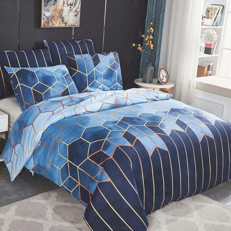 YMYNY Sets Housse de Couette, 200x200 cm avec 2 x Taies d'oreiller 65x65 cm, Géométrique Imprimé Boho Microfibre Literie Parure, Bleu