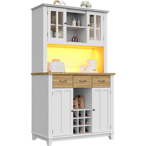 Aparador Alto de Cocina con 6 Huecos, Botellero para 9 Botellas y LED, para Cocina, en MDF, 106 x 40 x 179,5 cm, Blanco (1/5)