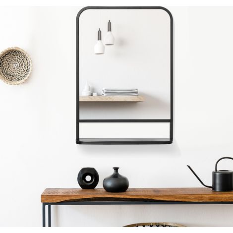 Miroir mural rectangulaire avec tablette, cadre noir à bords arrondis 70 x 10,2 x 50 cm, décor moderne pour salon, chambre, salle de bain, bureau  CHICFURN (1/5)