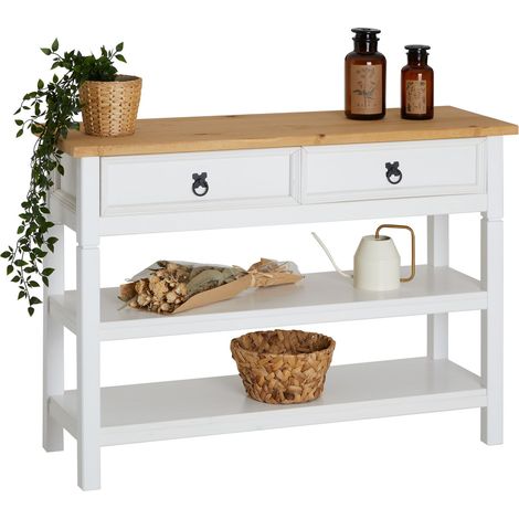 Idimex – Console en pin massif lasuré blanc et brun – 1 tiroir décoratif – 2 étagères – Dimensions 78 x 110 x 37 cm (H x L x P) (1/4)