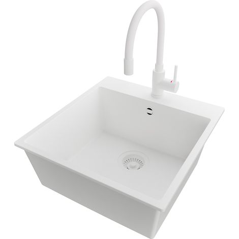 PRIMAGRAN Evier Cuisine en Granit 48x50cm,Lavabo 1 bac + Robinet 38x14cm + Kit de Vidage, Évier à Encastrer au meuble 50cm - Riga, Tout Blanc (1/5)
